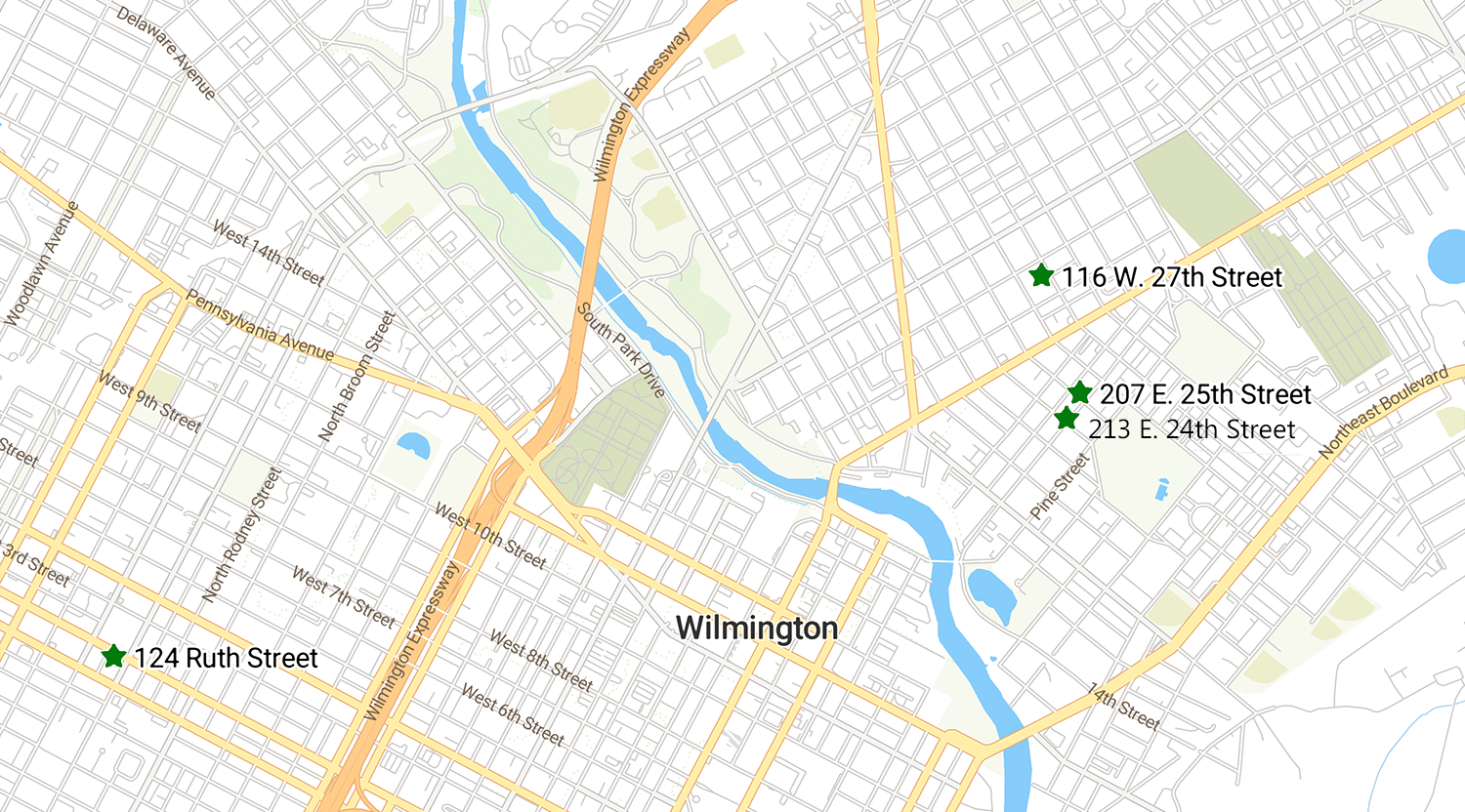 Map of Wilmington DE with 4 stars showing available properties